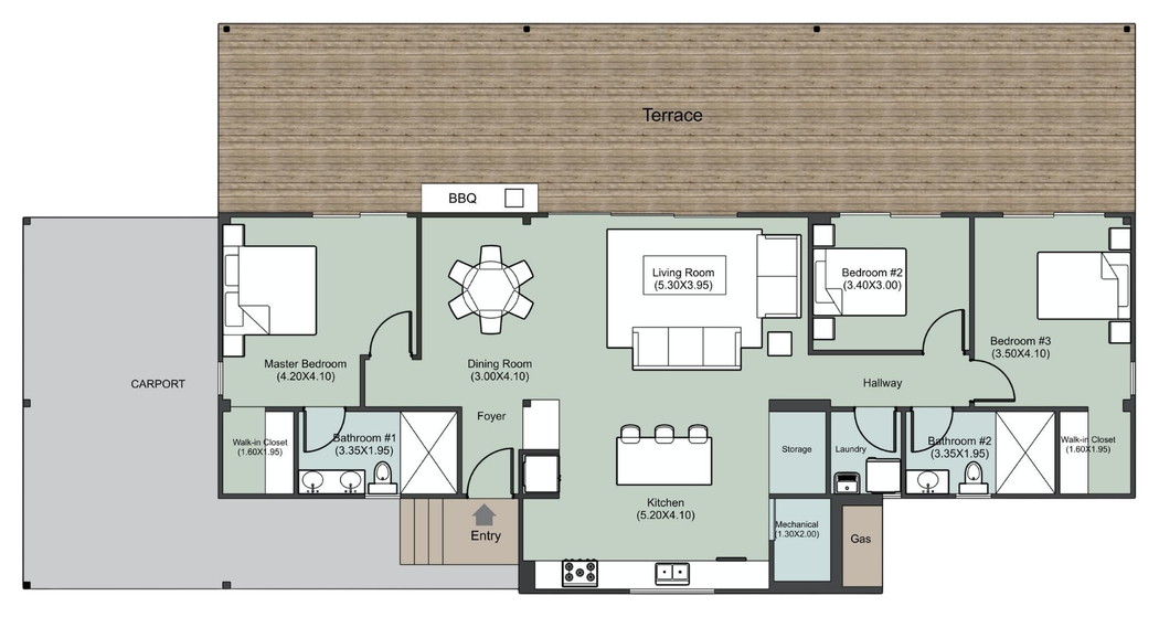 CBV10 floor plan: three bedrooms, open living, dining and kitchen, covered terrace and carport