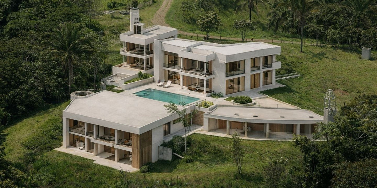 Visualisation of ChiQ Villa Gatun from above, with pool and terraces