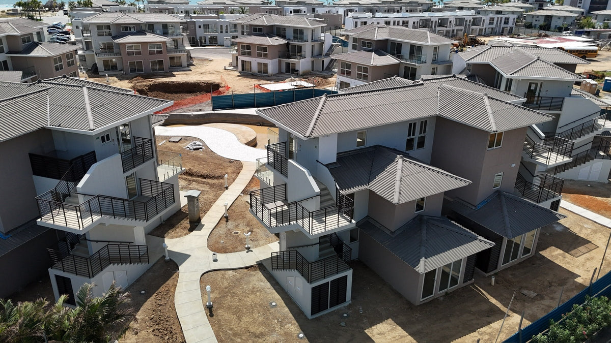 Aerial view of the beach apartments Gatun Lake Construction built in Playa Caracol, Chame