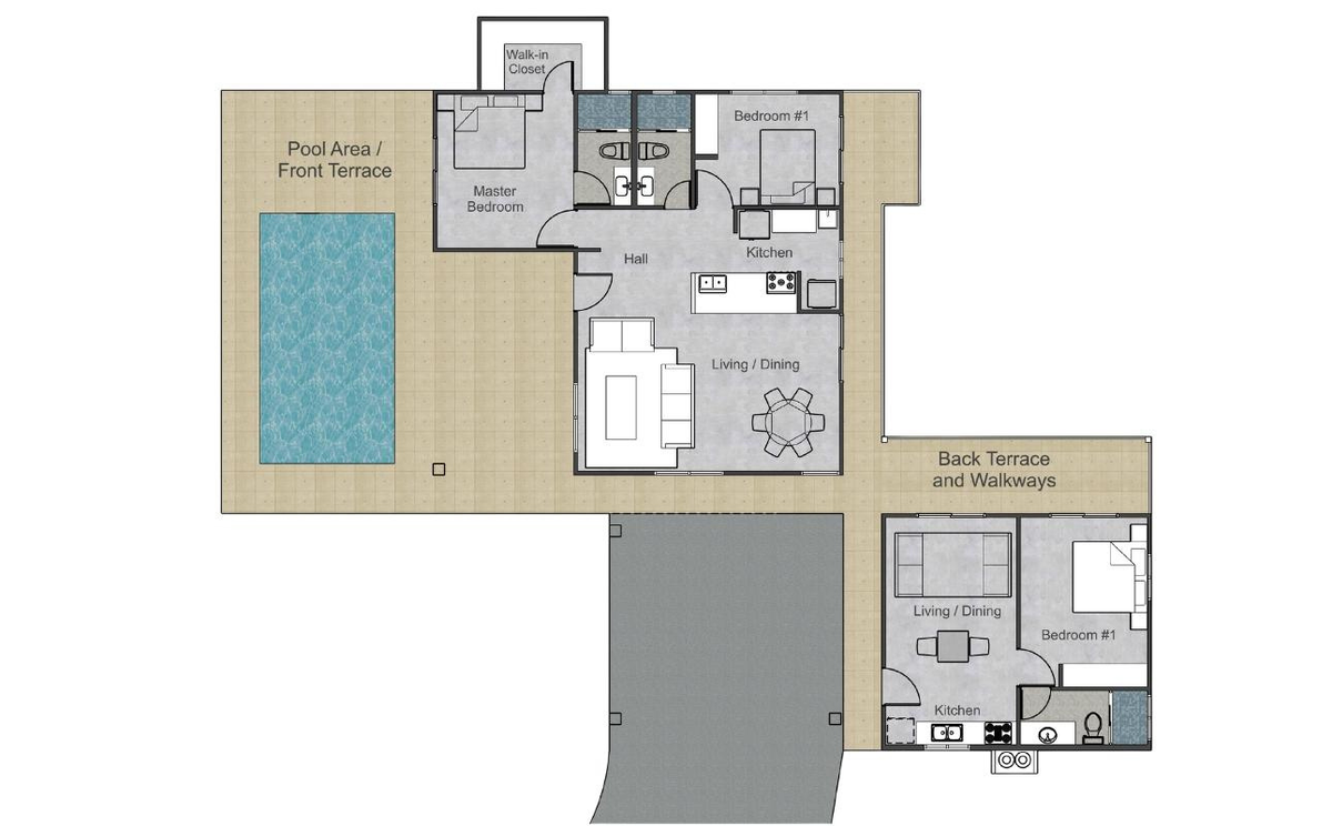 Yuma 44 floor plan: main house with pool terrace and separate guest house
