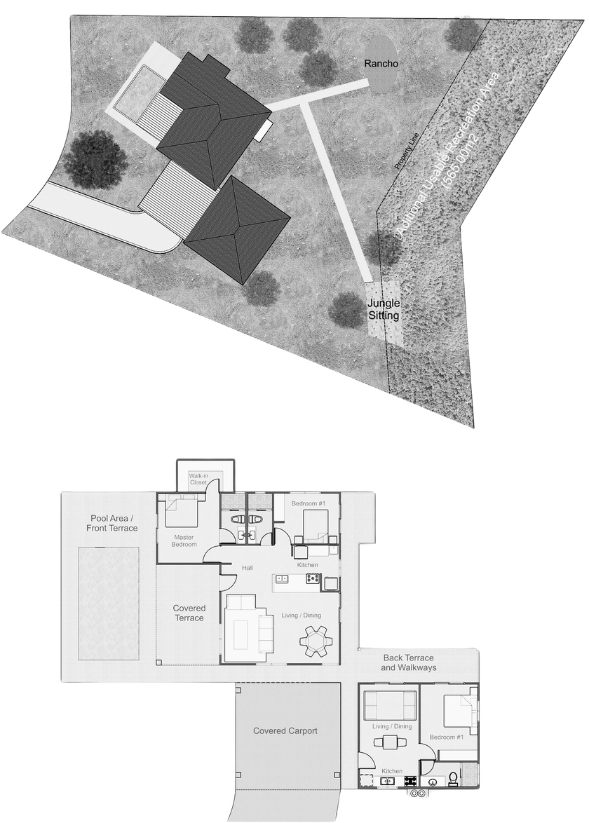 Yuma 44 site plan showing the house, guest house and creek