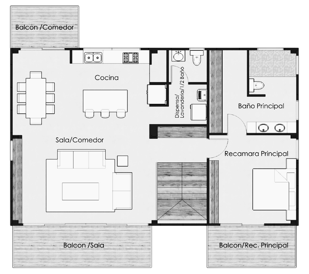 Yuma 48 floor plan, level 2: living, dining, kitchen and principal suite