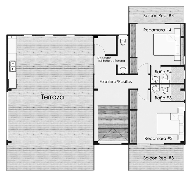 Yuma 48 floor plan, level 3: two guest suites and covered terrace