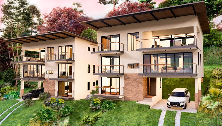 Visualisation of Yuma 49 with flowering garden and carport