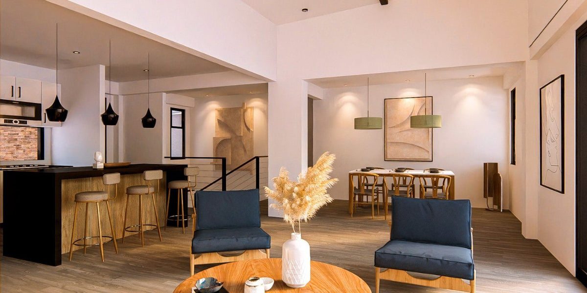 Staged visualisation of the Yuma 54 living room and kitchen